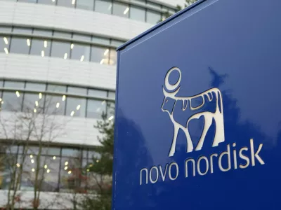 FILE PHOTO: The logo of pharmaceutical company Novo Nordisk is displayed in front of its offices in Bagsvaerd, on the outskirts of Copenhagen, Denmark, December 3, 2025. REUTERS/Tom Little/File Photo