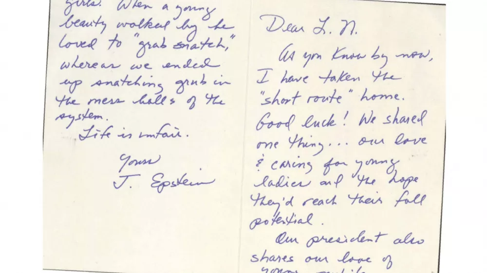 A card that makes a crude reference to U.S. President Donald Trump, purportedly written by convicted sex offender Jeffrey Epstein to Larry Nassar, who is serving a life sentence for sexually abusing hundreds of girls, is shown in this image released by the Department of Justice in Washington, D.C., U.S., on December 23, 2025, as part of a new trove of documents from its investigations into the late financier and convicted sex offender Jeffrey Epstein. The postmark on its envelope is Virginia, not New York, where Epstein was jailed, and indicates the envelope was processed three days after his death in August 2019. The return address on the envelope incorrectly identifies the jail where Epstein was being held and does not include his inmate number, as required by the Bureau of Prisons policy manual for outgoing mail. Reuters was unable to determine whether the card is authentic.  U.S. Justice Department/Handout via REUTERS  THIS IMAGE HAS BEEN SUPPLIED BY A THIRD PARTY