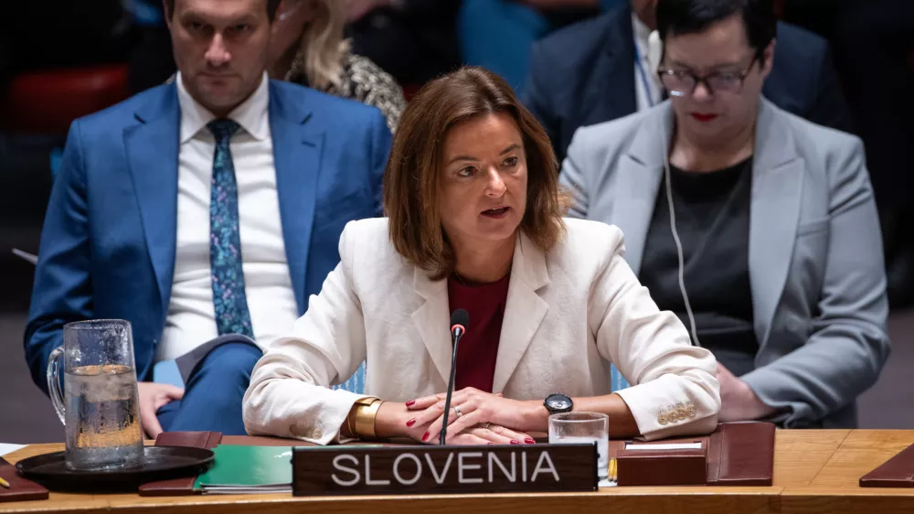 Slovenia Deputy Prime Minister and Foreign Minister Tanja Fajon, addresses the High-Level Security Council on Palestinians and Israel during the 80th session of the United Nations General Assembly, Tuesday, Sept. 23, 2025. (AP Photo/Angelina Katsanis)