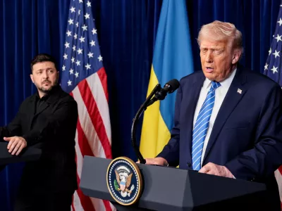 U.S. President Donald Trump and Ukrainian President Volodymyr Zelenskiy hold a press conference after their lunch meeting at Trump's Mar-a-Lago club, in Palm Beach, Florida, U.S., December 28, 2025. REUTERS/Jonathan Ernst