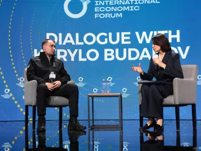 Chief of the Defence Intelligence of Ukraine, Kyrylo Budanov, and moderator Nataliia Moseichuk, anchor for TSN and author of the YouTube project ''Moseichuk+'', participate in the 11th Kyiv International Economic Forum in Kyiv, Ukraine, on October 16, 2025. The topic of this year's convention is ''Ukraine 2.0: The Power of People''. (Photo by Volodymyr Tarasov/Ukrinform/NurPhoto)NO USE FRANCE