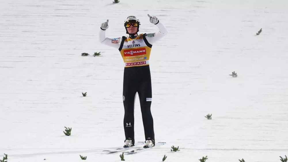 Ski Jumping - Four Hills Tournament - Oberstdorf, Germany - December 29, 2025 Slovenia's Domen Prevc reacts after the final round REUTERS/Kai Pfaffenbach