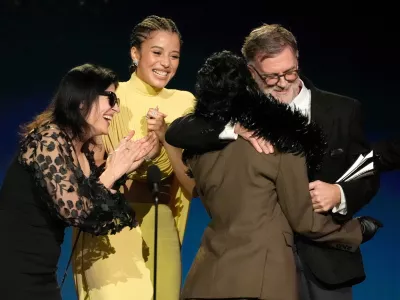 From left, Cassandra Kulukundis, Chase Infiniti, Teyana Taylor, and Paul Thomas Anderson accept the award for best picture for "One Battle After Another" during the 31st Annual Critics Choice Awards on Sunday, Jan. 4, 2026, at The Barker Hanger in Santa Monica, Calif. (AP Photo/Chris Pizzello)