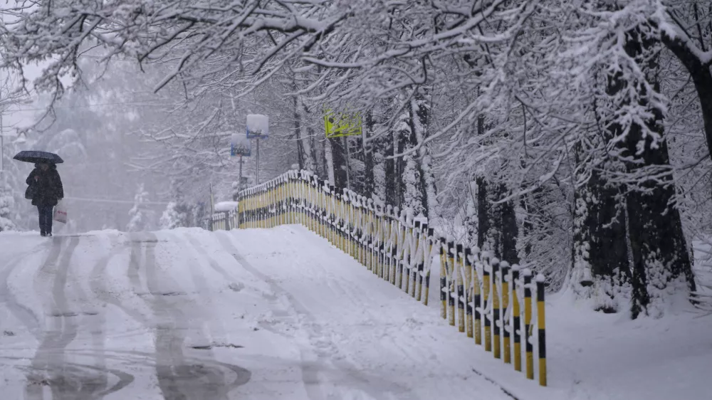 A woman walks through the snow covered street during a snowfall in Belgrade, Serbia, Sunday, Jan. 4, 2026. (AP Photo/Darko Vojinovic)