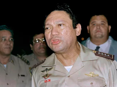 FILE - General Manuel Antonio Noriega speaks to the press in Panama in May 1989. (AP Photo, File)