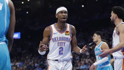 Jan 5, 2026; Oklahoma City, Oklahoma, USA; Oklahoma City Thunder guard Shai Gilgeous-Alexander (2) reacts after an official call following a play against the Charlotte Hornets during the second half at Paycom Center. Mandatory Credit: Alonzo Adams-Imagn Images