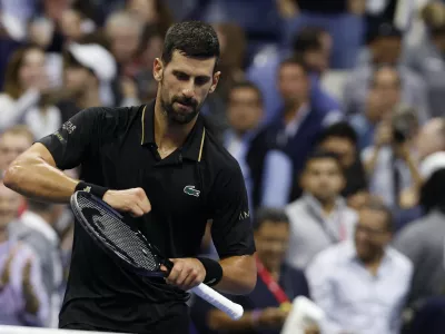 Sep 2, 2025; Flushing, NY, USA; Novak Djokovic (SRB) celebrates after his match against Taylor Fritz (USA) (not pictured) on day ten of the 2025 US Open tennis championships at Billie Jean King National Tennis Center. Mandatory Credit: Geoff Burke-Imagn Images