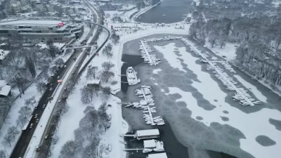 A drone view shows frozen Sava River inlet during a heavy snowfall in Belgrade, Serbia, January 8, 2026. REUTERS/Zorana Jevtic   TPX IMAGES OF THE DAY