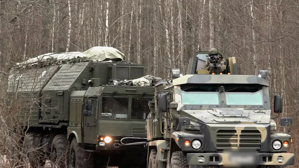 In this image made from video provided by Russian Defense Ministry Press Service on Monday, Dec. 29, 2025, Russia's Oreshnik missile system is seen during a training in an undisclosed location in Belarus. (Russian Defense Ministry Press Service via AP)