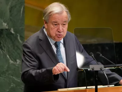 Secretary General Antonio Guterres addresses the 80th session of the United Nations General Assembly, Tuesday, Sept. 23, 2025, at UN headquarters. (AP Photo/Angelina Katsanis)