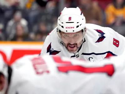 Washington Capitals left wing Alex Ovechkin (8) waits for the puck to be dropped during a face-off in the first period of an NHL hockey game against the Nashville Predators, Sunday, Jan. 11, 2026, in Nashville, Tenn. (AP Photo/Mark Humphrey)