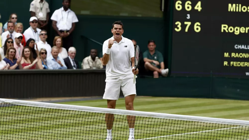 Britain Tennis - Wimbledon - All England Lawn Tennis & Croquet Club, Wimbledon, England - 8/7/16 Canada's Milos Raonic celebrates during his match against Switzerland's Roger Federer REUTERS/Stefan Wermuth