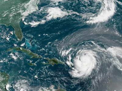 Hurricane Erin, which is the first hurricane of the 2025 Atlantic season and has developed into a dangerous Category 4 hurricane, moves westward near Puerto Rico in a composite satellite image August 16, 2025. CIRA/NOAA/Handout via REUTERS  THIS IMAGE HAS BEEN SUPPLIED BY A THIRD PARTY