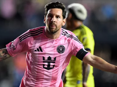 Inter Miami forward Lionel Messi celebrates after scoring during the first half of Game 3 in the first round of MLS soccer's Western Conference playoffs against Nashville SC in Fort Lauderdale, Fla., Nov. 8, 2025. (AP Photo/Michael Laughlin)
