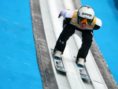 Ski Jumping - Four Hills Tournament - Bischofshofen, Austria - January 5, 2026 Slovenia's Domen Prevc in action during the Men's Individual HS142 training REUTERS/Kai Pfaffenbach