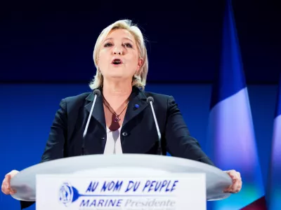 FILED - 23 April 2017, France, Henin-Beaumont: The presidential candidate of Front National, Marine Le Pen, addresses her followers after the first round of the election. Photo: Kay Nietfeld/dpa