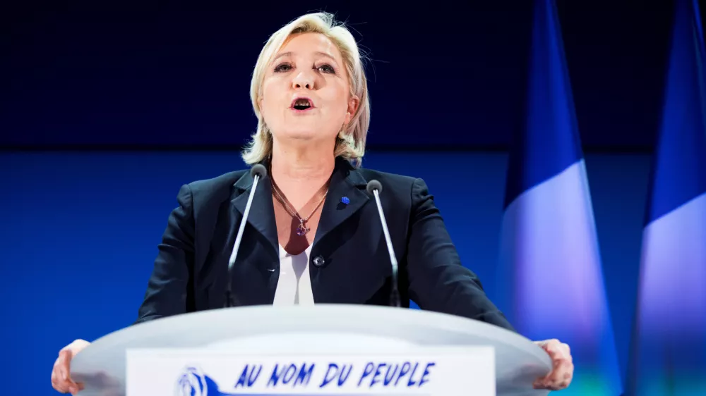 FILED - 23 April 2017, France, Henin-Beaumont: The presidential candidate of Front National, Marine Le Pen, addresses her followers after the first round of the election. Photo: Kay Nietfeld/dpa