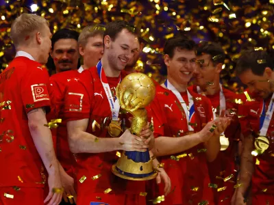 Handball - IHF Handball World Championships 2025 - Final - Croatia v Denmark - Unity Arena, Oslo, Norway - February 2, 2025 Denmark's Mathias Gidsel with teammates celebrate with the trophy after winning the IHF 2025 Men's Handball Championship REUTERS/Susana Vera