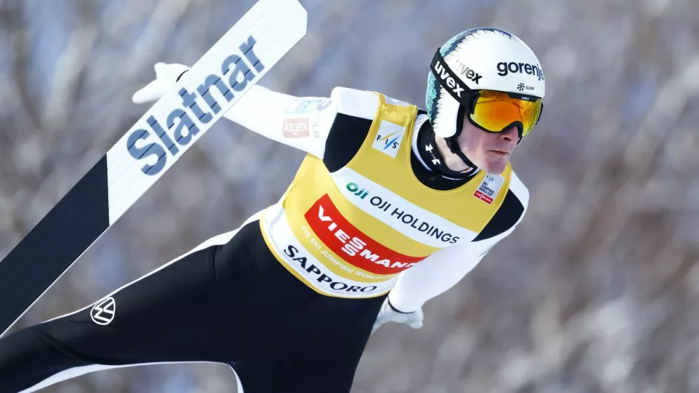Domen Prevc of Slovenia competes at the Okurayama Hill during the World Cup Ski Jumping in Sapporo, northern Japan Sunday Jan. 18, 2026. (Natsumi Yasumoto/Kyodo Photo via AP) 