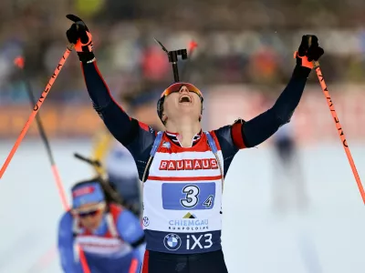 Norway's Maren Kirkeeide crosses the finishing line during the Biathlon women's World Cup, relay 4 x 6 km event, in Ruhpolding, Germany, Wednesday, Jan. 14, 2026. (Sven Hoppe/dpa via AP)