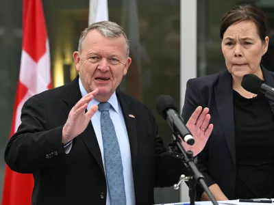 Denmark's Foreign Minister Lars L&oslash;kke Rasmussen and Greenland's Foreign Minister Vivian Motzfeldt speak at a news conference at the Embassy of Denmark, Wednesday, Jan. 14, 2026, in Washington. (AP Photo/John McDonnell)