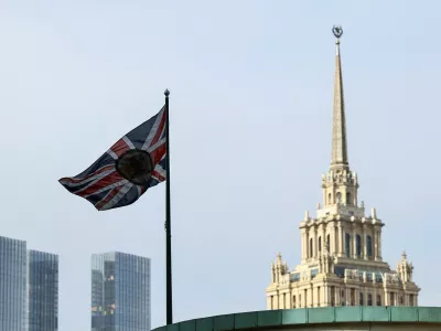 FILE PHOTO: A flag flies above the British embassy in Moscow, Russia September 13, 2024. REUTERS/Evgenia Novozhenina/File Photo