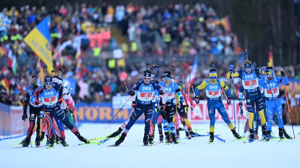 Skiers start a Biathlon, men's World Cup, 4 x 7.5 km relay race, in Ruhpolding, Germany, Thursday, Jan. 15, 2026. (Sven Hoppe/dpa via AP)