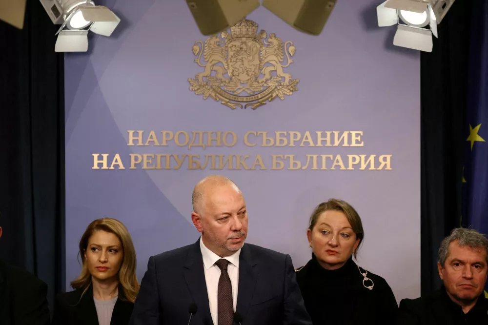 FILE PHOTO: Bulgarian Prime Minister Rosen Zhelyazkov speaks to the media before announcing the resignation of his government, in Sofia, Bulgaria, December 11, 2025. REUTERS/Stoyan Nenov/File Photo