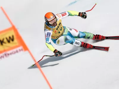 Slovenia's Miha Hrobat speeds down the course during an alpine ski, men's World Cup super-G, in Wengen, Switzerland, Friday Jan. 16, 2026. (AP Photo/Gabriele Facciotti)