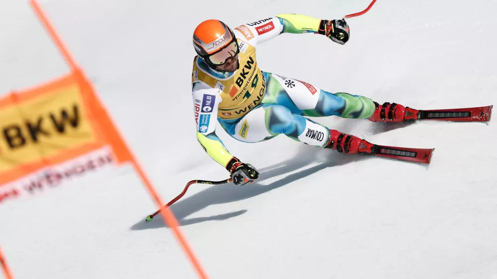 Slovenia's Miha Hrobat speeds down the course during an alpine ski, men's World Cup super-G, in Wengen, Switzerland, Friday Jan. 16, 2026. (AP Photo/Gabriele Facciotti)