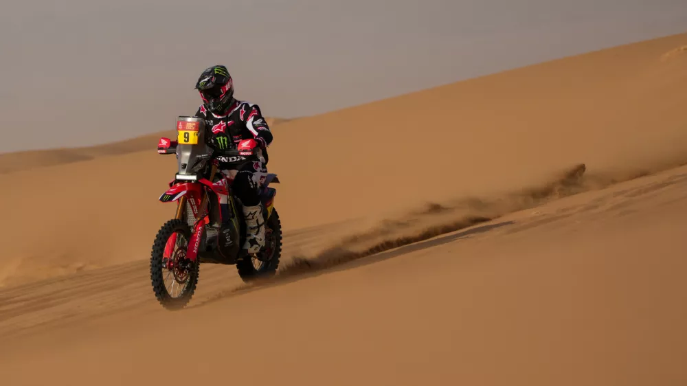 Rider Ricky Brabec competes during the twelfth stage of the Dakar Rally between Al Henakiyah and Yanbu, Saudi Arabia, Friday, Jan.16, 2026. (AP Photo/Thibault Camus)