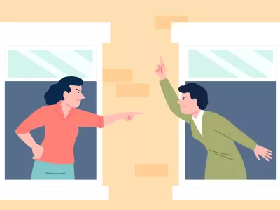 Neighbors fight. Female quarrel, angry neighborhood vibe. Furious women look out of windows and shout at each other, argues, recent vector urban scene original artwork / Foto: Ladadikart