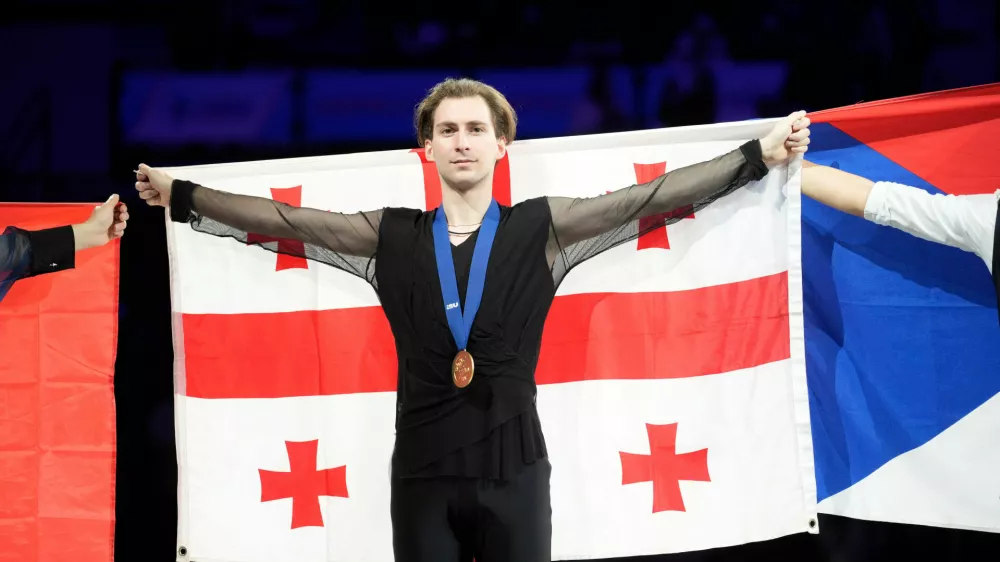 Georgia's Nika Egadze celebrates after winning the gold medal in the Men's Free Skating on day four of the ISU European Figure Skating Championships in Sheffield, Thursday, Friday, Jan. 16, 2026. (Danny Lawson/PA via AP)