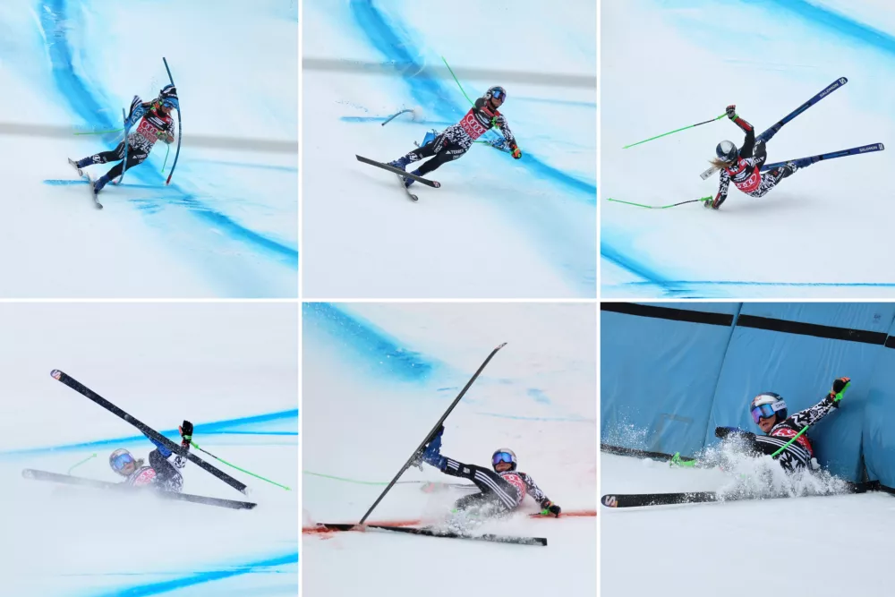 This combo shows New Zealand's Alice Robinson crashing during an alpine ski, women's World Cup Super G, in Tarvisio, Italy, Sunday, Jan. 18, 2026. (AP Photo/Marco Trovati)