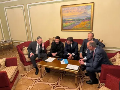 Ukraine's President Volodymyr Zelenskiy, Britain's Prime Minister Keir Starmer, French President Emmanuel Macron, German Chancellor Friedrich Merz and Polish Prime Minister Donald Tusk speak with U.S. President Donald Trump via phone during the so-called "Coalition of the Willing" meeting, amid Russia's attack on Ukraine, in Kyiv, Ukraine May 10, 2025. Press Service of Ministry of Foreign Affair of Ukraine/Handout via REUTERS ATTENTION EDITORS - THIS IMAGE HAS BEEN SUPPLIED BY A THIRD PARTY. BEST QUALITY AVAILABLE. TPX IMAGES OF THE DAY.