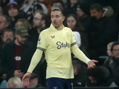 Everton's Jack Grealish reacts during the English Premier League soccer match between Aston Villa and Everton in Birmingham, Sunday, Jan. 18, 2026.(AP Photo/Dave Shopland)