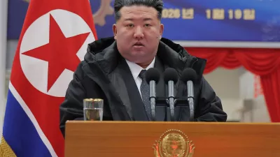 In this photo provided by the North Korean government, North Korean leader Kim Jong Un delivers a speech during a ceremony marking the completion of a first-stage modernization project at the Ryongsong Machine Complex in North Korea Monday, Jan. 19, 2026. Independent journalists were not given access to cover the event depicted in this image distributed by the North Korean government. The content of this image is as provided and cannot be independently verified. (Korean Central News Agency/Korea News Service via AP)