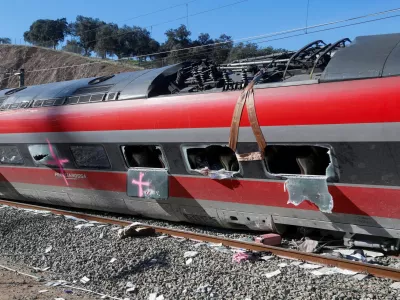 Wreckage of a train involved in the accident, at the site of a deadly derailment of two high-speed trains near Adamuz, in Cordoba, Spain, January 20, 2026. REUTERS/Alex Gallegos