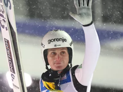 Ski Jumping - Ski Flying World Championships - Heini-Klopfer Ski Flying Hill, Oberstdorf, Germany - January 25, 2026 Slovenia's Domen Prevc reacts during the men's team HS235 second round REUTERS/Kai Pfaffenbach