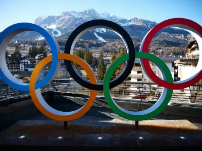 FILE PHOTO: Milano Cortina 2026 Winter Olympics - Previews - Cortina d'Ampezzo, Italy - January 21, 2026 General view of the Olympic rings ahead of the Milano Cortina 2026 Winter Olympics REUTERS/Guglielmo Mangiapane/File Photo