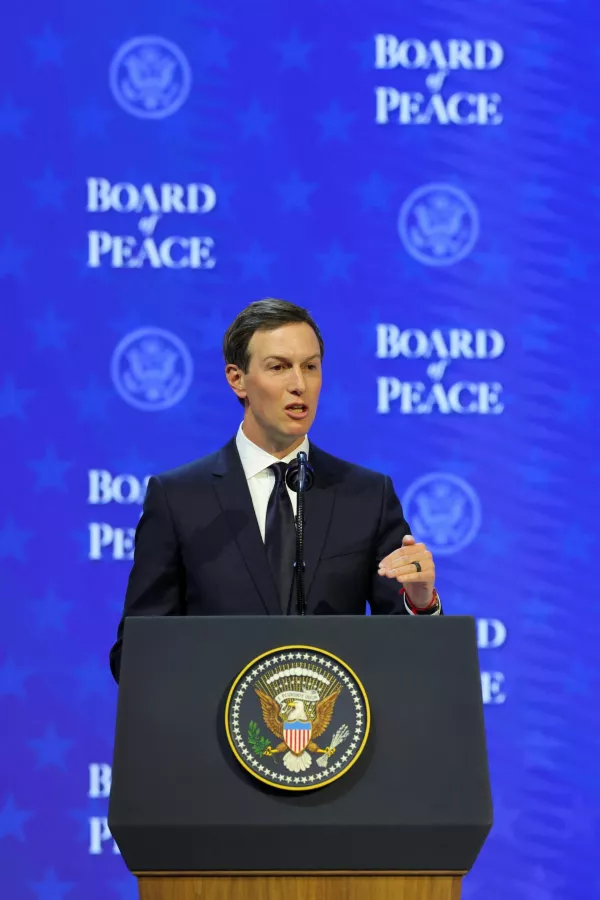 U.S. President Donald Trump's son-in-law, Jared Kushner, takes part in a charter announcement for U.S. President Donald Trump's Board of Peace initiative aimed at resolving global conflicts, alongside the 56th annual World Economic Forum (WEF), in Davos, Switzerland, January 22, 2026. REUTERS/Denis Balibouse