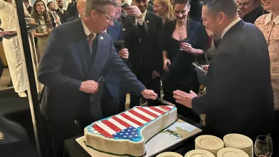 A Greenland-shaped cake decorated with the U.S. flag is being sliced at the Republicans for National Renewal anniversary event at the Kennedy Center in Washington, D.C., U.S., January 20, 2026. Republicans for National Renewal/via REUTERS THIS IMAGE HAS BEEN SUPPLIED BY A THIRD PARTY. MANDATORY CREDIT. NO RESALES. NO ARCHIVES. MANDATORY CREDIT. Verification line: Reuters was able to verify the location with the floor tiles, the windows and interior design that matched the file imagery from the interior of the Kennedy Center. The date was confirmed by the Republicans for National Renewal and verified by the corroborating visuals from the event.