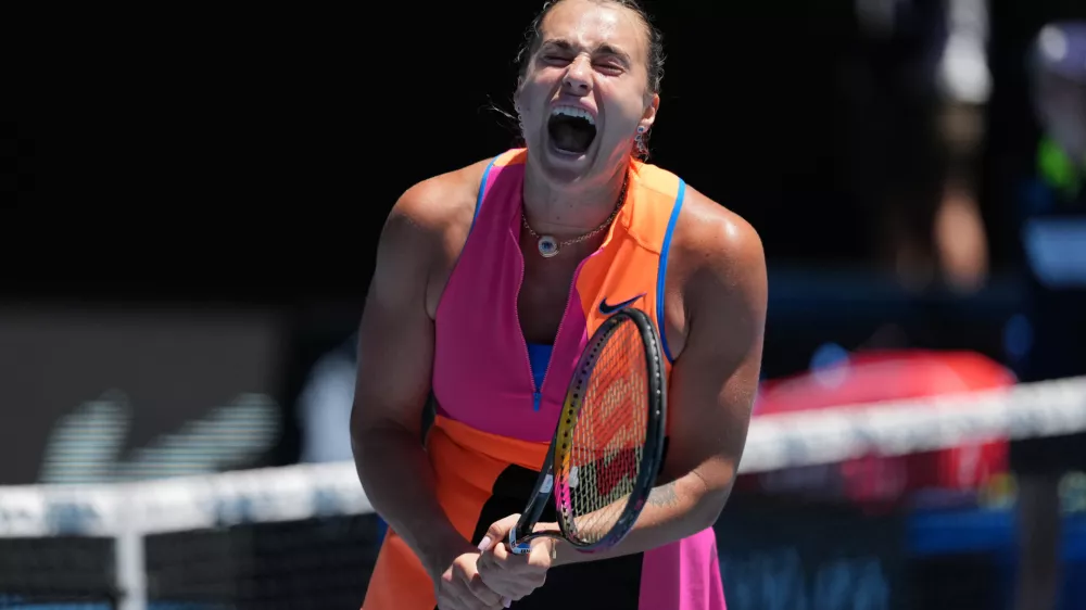 Aryna Sabalenka of Belarus reacts during her third round match against Anastasia Potapova of Austria at the Australian Open tennis championship in Melbourne, Australia, Friday, Jan. 23, 2026. (AP Photo/Asanka Brendon Ratnayake)