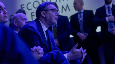 Serbia's President Aleksandar Vucic listens to U.S. President Donald Trump's remarks during the 56th annual World Economic Forum (WEF), in Davos, Switzerland, January 21, 2026. REUTERS/Jonathan Ernst