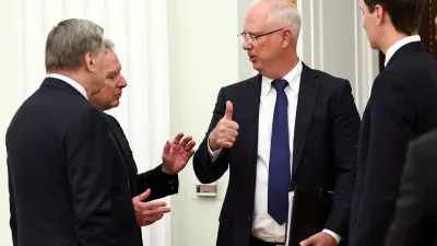 U.S. President Donald Trump's special envoy Steve Witkoff, son-in-law Jared Kushner, Russia's presidential envoy Kirill Dmitriev and foreign policy presidential aide Yuri Ushakov speak before a meeting of President Vladimir Putin with U.S. envoys at the Kremlin in Moscow, Russia, January 22, 2026. Sputnik/Alexander Kazakov/Pool via REUTERS ATTENTION EDITORS - THIS IMAGE WAS PROVIDED BY A THIRD PARTY.