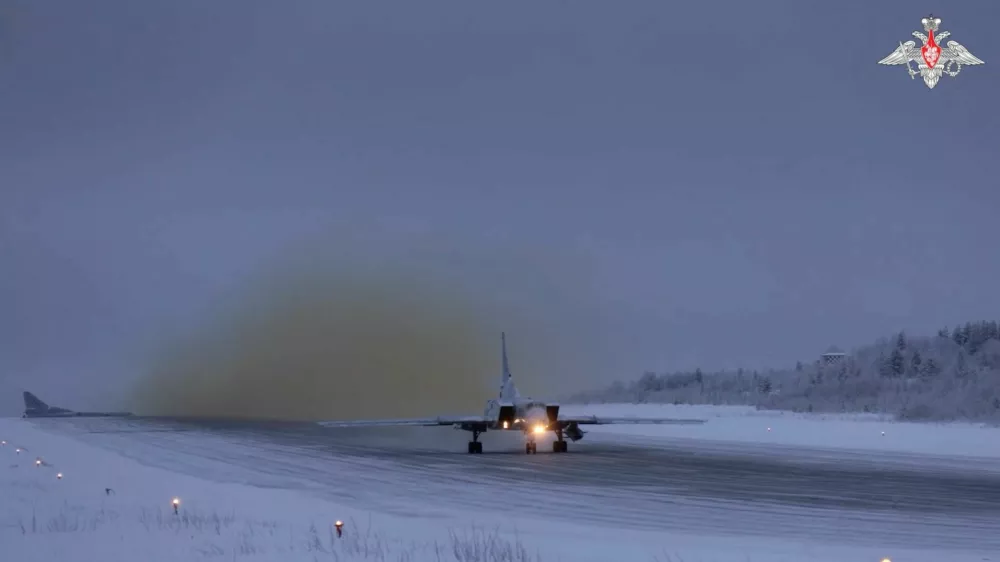 A Russian Tu-22M3 long-range strategic bomber plane takes off from an airfield at an unknown location before carrying out a scheduled patrol over neutral waters of the Baltic Sea, in this still image from a video released January 23, 2026. Russian Defence Ministry/Handout via REUTERS ATTENTION EDITORS - THIS IMAGE WAS PROVIDED BY A THIRD PARTY. NO RESALES. NO ARCHIVES. MANDATORY CREDIT. WATERMARK FROM SOURCE.