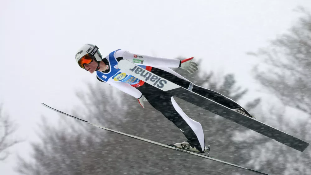 Domen Prevc of Slovenia in action during the men's team flying trial round at the Nordic skiing/ski jumping World Championships in Oberstdorf, Germany, Sunday Jan. 25, 2026. (Karl-Josef Hildenbrand/dpa via AP)