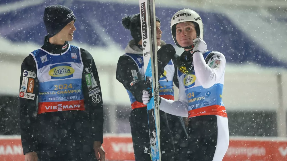 Ski Jumping - Ski Flying World Championships - Heini-Klopfer Ski Flying Hill, Oberstdorf, Germany - January 25, 2026 Slovenia's Domen Prevc reacts during the men's team HS235 second round REUTERS/Kai Pfaffenbach