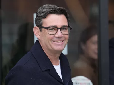 FILE - Andy Burnham the Mayor of Manchester arrives a fringe meeting during the annual Labour Party conference in Liverpool, England, Sept. 29, 2025. (AP Photo/Jon Super, File)