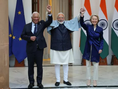 European Council President Antonio Costa, European Commission President Ursula von der Leyen and Indian Prime Minister Narendra Modi pose during a photo opportunity ahead of their meeting at the Hyderabad House in New Delhi, India, January 27, 2026. REUTERS/Altaf Hussain